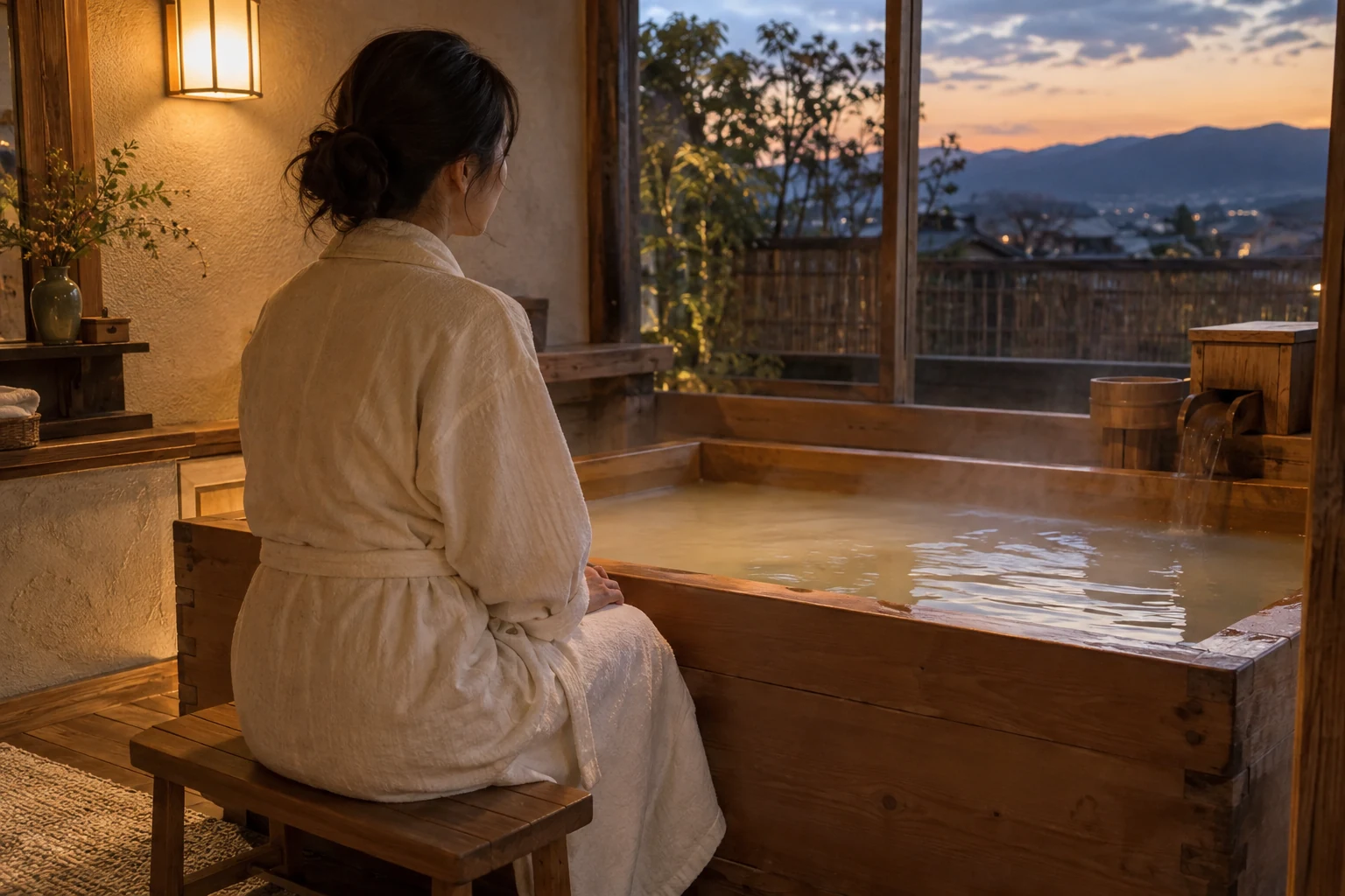 湯気の向こうの景色を眺める女性の生成イメージ